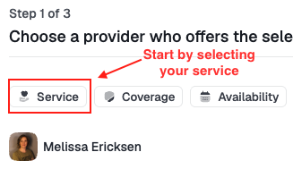 The service tab in the booking system, showing the list of available services