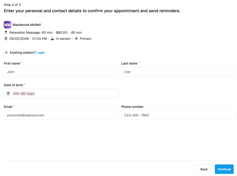 The personal information form used to complete scheduling